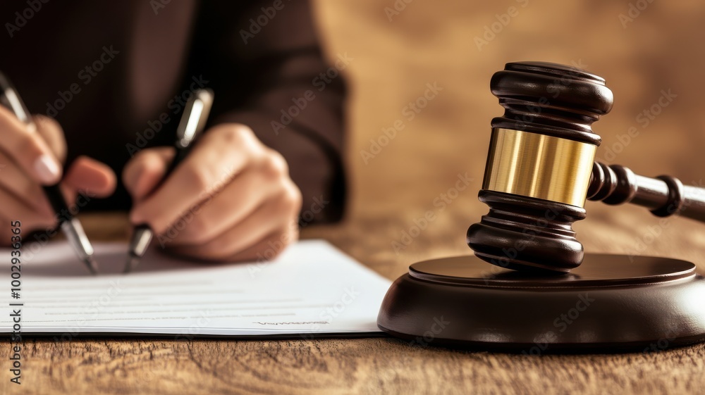 A close-up of a hand writing on a document beside a wooden gavel, symbolizing justice and the legal profession. A close-up of a hand writing on a document beside a wooden gavel, symbolizing justice and the legal profession.