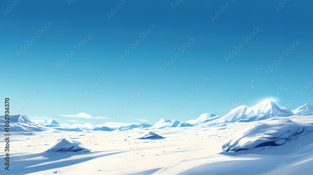 A vast snowy tundra under a clear blue sky radiates serene beauty. Tundra Landscape. Illustration A vast snowy tundra under a clear blue sky radiates serene beauty. Tundra Landscape. Illustration