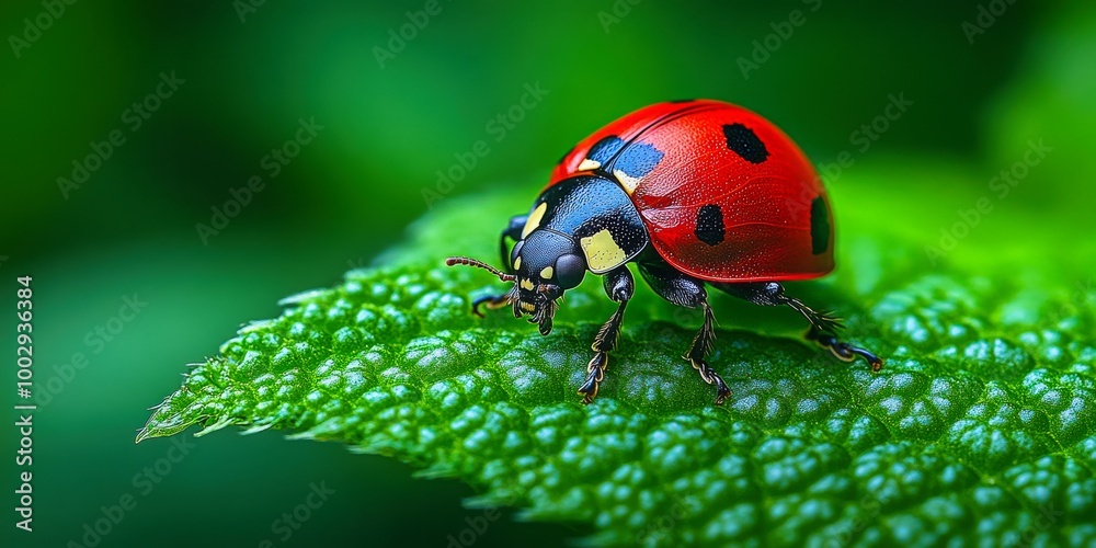 Fototapeta premium Close-up of a brightly colored ladybug with black spots perched on a vibrant green leaf against a blurred green background.