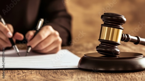 A close-up of a hand writing on a document beside a wooden gavel, symbolizing justice and the legal profession.