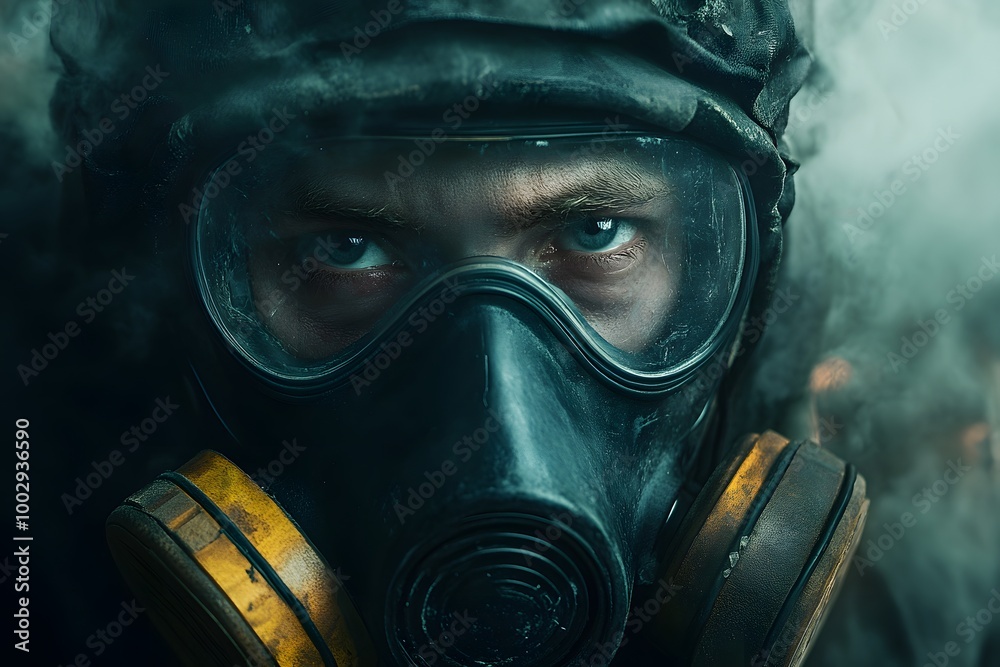 Close-up of a man wearing a gas mask, staring intensely. Close-up of a man wearing a gas mask, staring intensely.