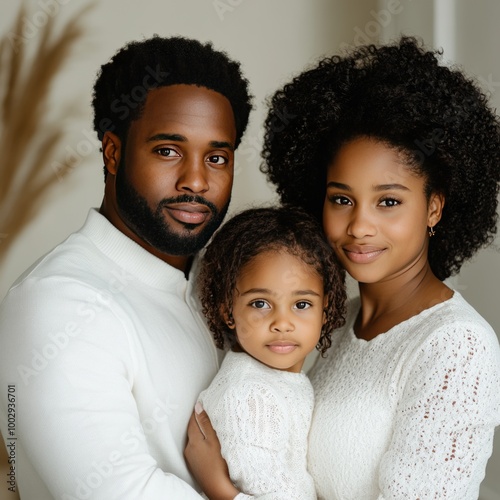 A family portrait featuring a father, mother, and child in cozy attire.