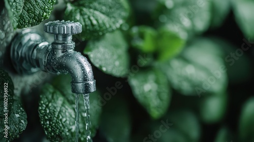 A glistening metal faucet dispenses fresh water into the surrounding vibrant green leaves, capturing the intersection of nature and human engineering beautifully. photo