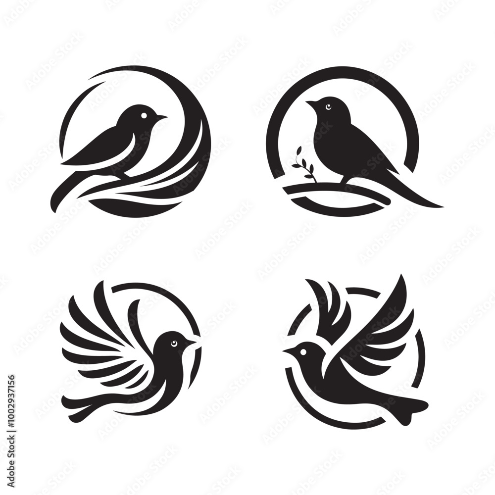 Naklejka premium Bird Logo Icon Set - Silhouette Vector Clip Art on White Background