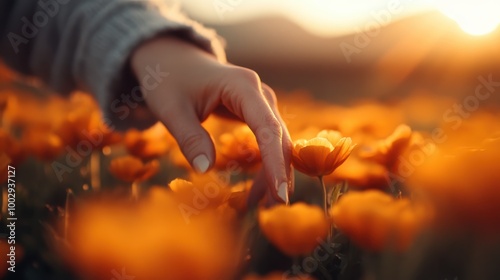 A hand gently caresses vibrant orange flowers in a sunlit field, evoking a sense of connection with nature and tranquility at sunset, capturing a warm moment. photo