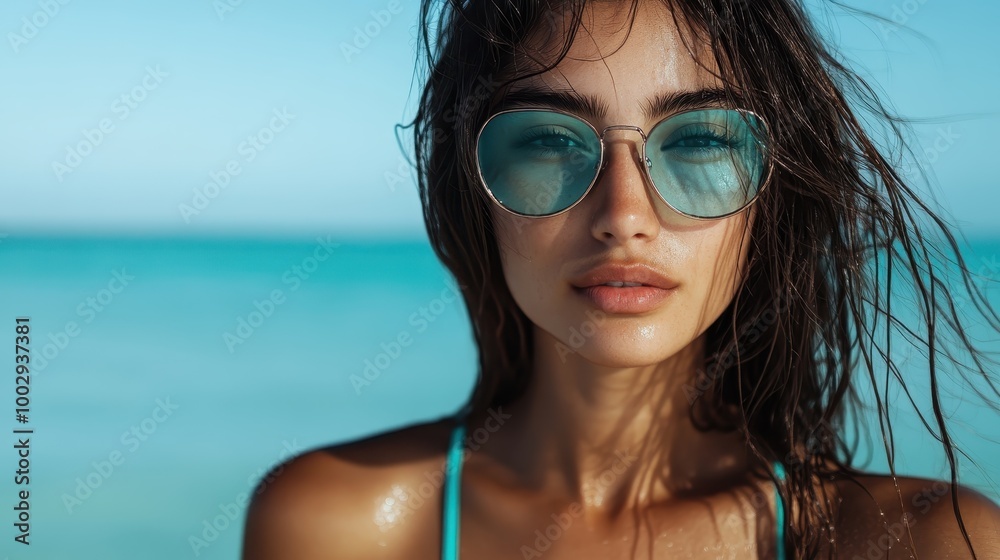 A woman in blue sunglasses stands against the blue sea, her expression serene, capturing a calm, reflective moment amidst the sunny beach atmosphere. A woman in blue sunglasses stands against the blue sea, her expression serene, capturing a calm, reflective moment amidst the sunny beach atmosphere.