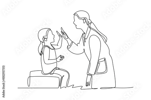 Continuous one line drawing female pediatric doctor invited cute baby toddler patient to play and follow her instruction. Medical treatment concept. Single line draw design vector graphic illustration