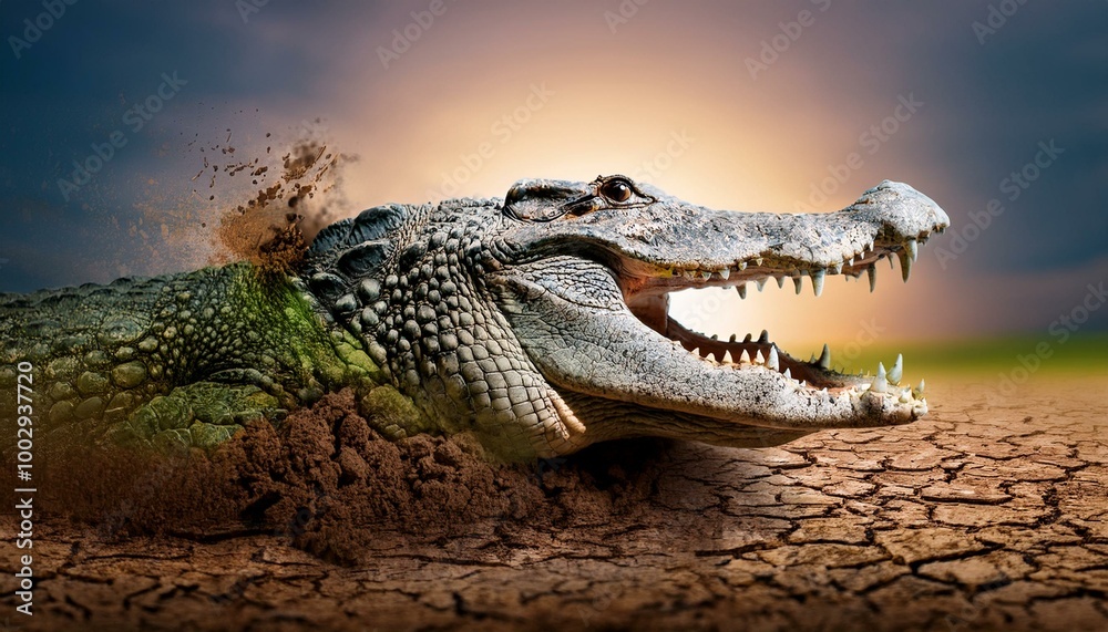 Fototapeta premium A fierce crocodile’s head breaking through a cracked, dry patch of earth, with bits of turf 