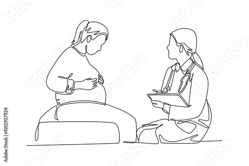 Single continuous line drawing female obstetrics and gynecology doctor giving consultation session to pregnant patient. Pregnancy health care concept. One line draw graphic design vector illustration