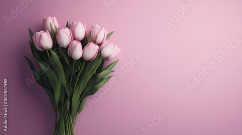 Beautiful bouquet of soft pink tulips with vibrant green leaves set against a plain pink background, capturing the essence of fresh spring blooms in stunning simplicity. photo