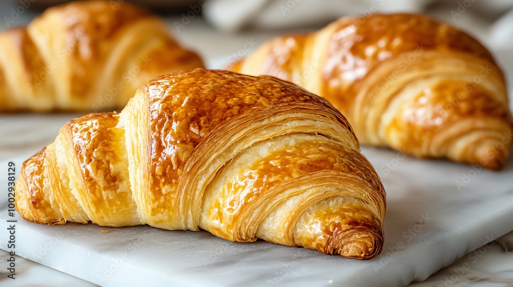Buttery croissants with a glossy top, close-up shot highlighting the delicate layers and crisp edges, croissant, gourmet breakfast pastry Buttery croissants with a glossy top, close-up shot highlighting the delicate layers and crisp edges, croissant, gourmet breakfast pastry