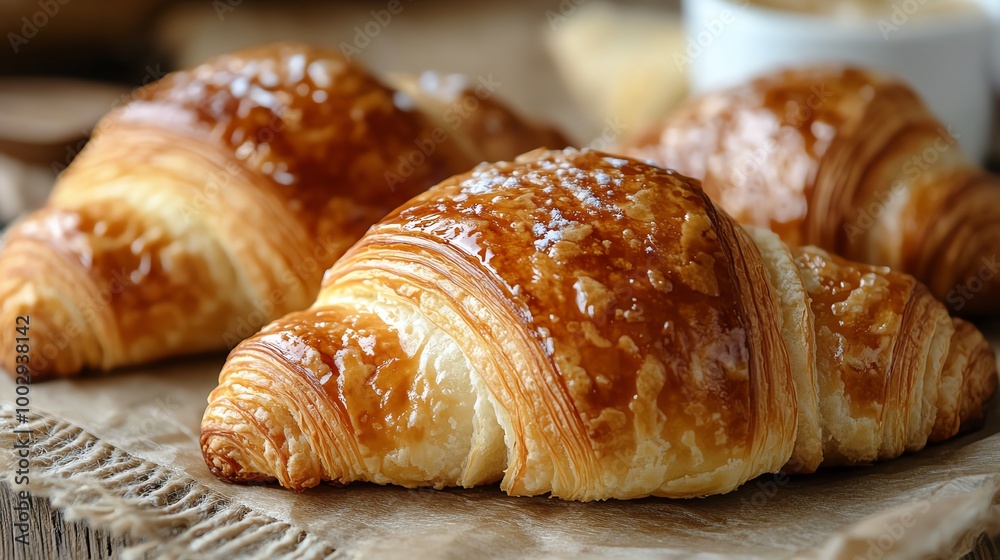 Buttery croissants with a glossy top, close-up shot highlighting the delicate layers and crisp edges, croissant, gourmet breakfast pastry Buttery croissants with a glossy top, close-up shot highlighting the delicate layers and crisp edges, croissant, gourmet breakfast pastry