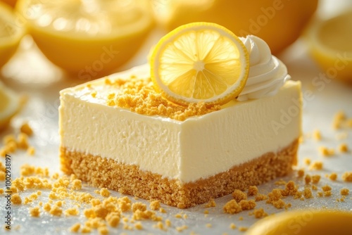 indulge in our rich lemon cheesecake topped with graham cracker crumbs a delicious blend of sweet and tangy flavors photo