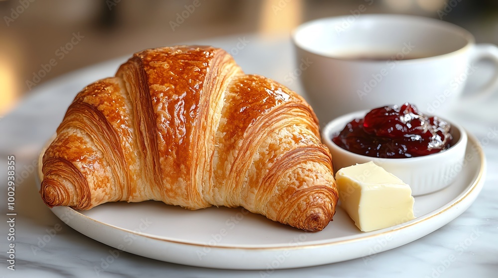 Close-up of a flaky croissant with jam and butter on the side, elegant cafe presentation with soft shadows, croissant, classic French pastry styling Close-up of a flaky croissant with jam and butter on the side, elegant cafe presentation with soft shadows, croissant, classic French pastry styling