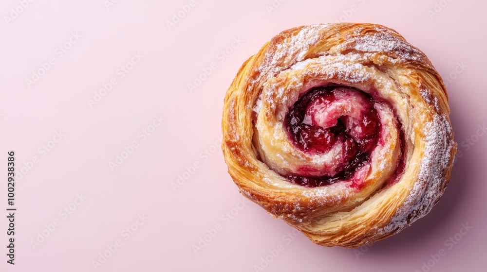 This raspberry swirl pastry dusted with powdered sugar lies on a pink surface, capturing a sense of artisanal delight and intricate baking craftsmanship. This raspberry swirl pastry dusted with powdered sugar lies on a pink surface, capturing a sense of artisanal delight and intricate baking craftsmanship.