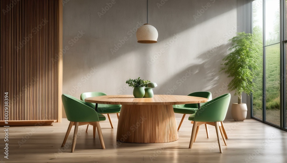 Fototapeta premium A round wooden dining table with four green chairs in a clean and uncluttered dining room,