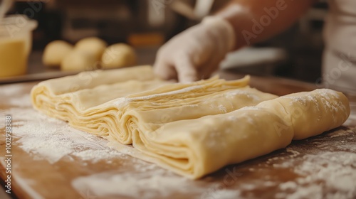 Close-up of croissant dough being folded and rolled, showcasing the artisan baking process, croissant, behind-the-scenes bakery concept