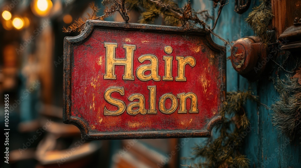 Fototapeta premium Vibrant and weathered red hair salon sign with gold lettering, surrounded by rustic decorations that create a charming and inviting atmosphere