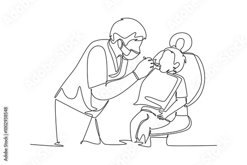 Single one line drawing smart male dentist examine and pull little boy tooth out at dental clinic. Teeth treatment health care service concept. Continuous line draw design graphic vector illustration