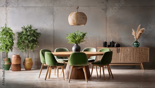  A serene dining room with a wooden circular table, green upholstered chairs, and a long side