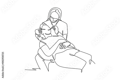 Single one line drawing female dentist examining patient's teeth and giving tooth filling at dental clinic. Mouth health care treatment. Modern continuous line draw design graphic vector illustration