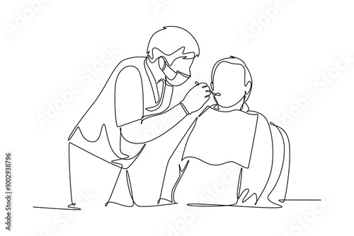 Single one line drawing of male dentist examining patient teeth condition and doing tooth filling. Medical health care service workers concept. Continuous line draw design graphic vector illustration