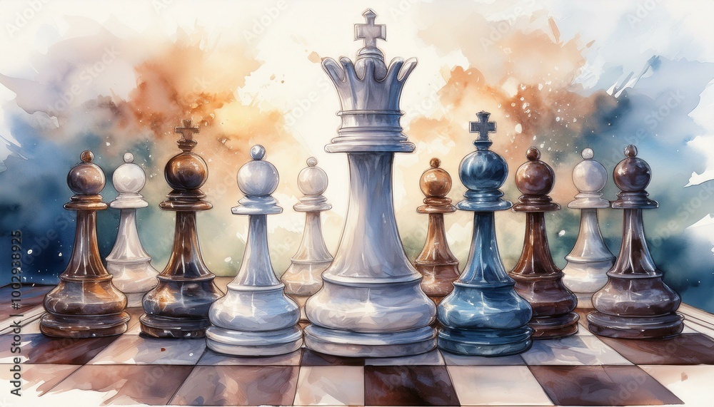 A watercolor chessboard with a close-up focus on an elegant white queen and black king, soft A watercolor chessboard with a close-up focus on an elegant white queen and black king, soft