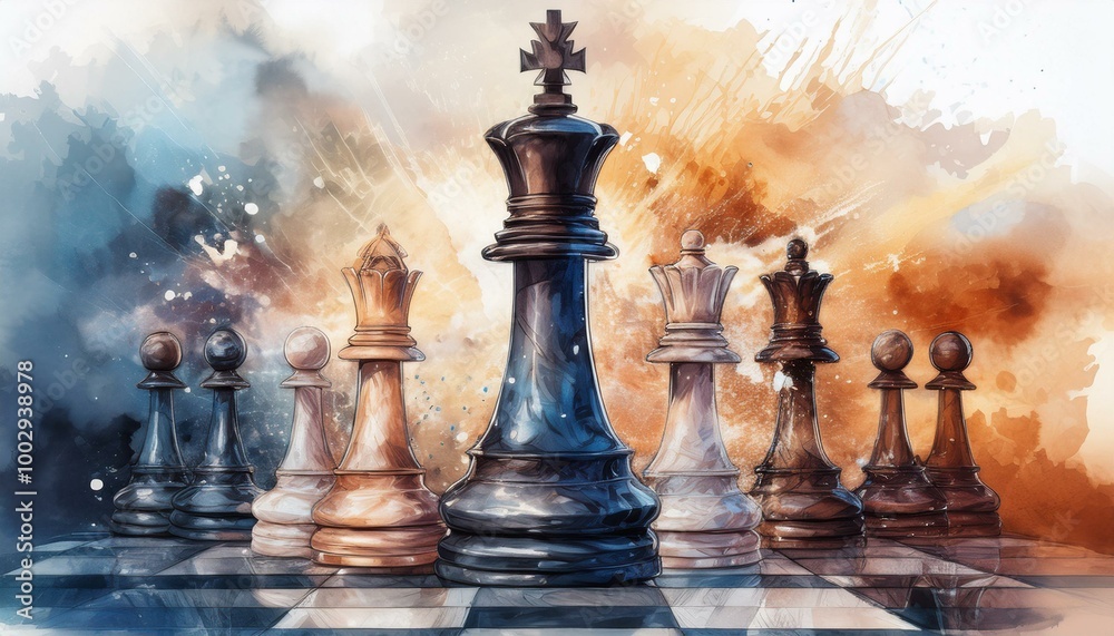 A watercolor chessboard with a close-up focus on an elegant white queen and black king, soft A watercolor chessboard with a close-up focus on an elegant white queen and black king, soft