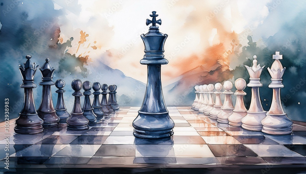A watercolor chessboard with a close-up focus on an elegant white queen and black king, soft A watercolor chessboard with a close-up focus on an elegant white queen and black king, soft