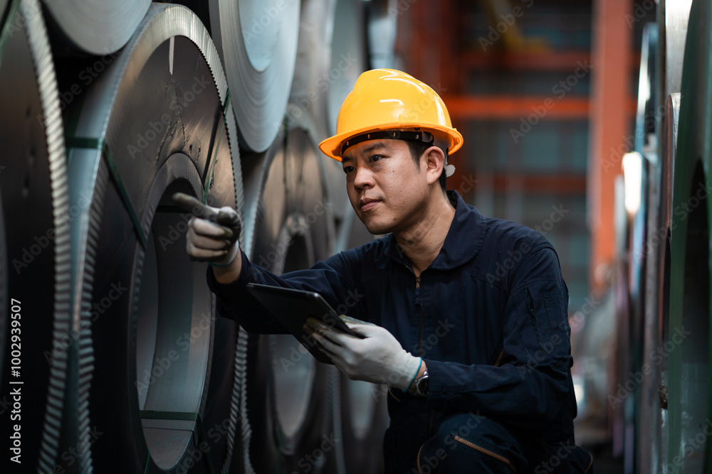 A man in a yellow hard hat is looking at a tablet while standing in front of a stack of metal A man in a yellow hard hat is looking at a tablet while standing in front of a stack of metal