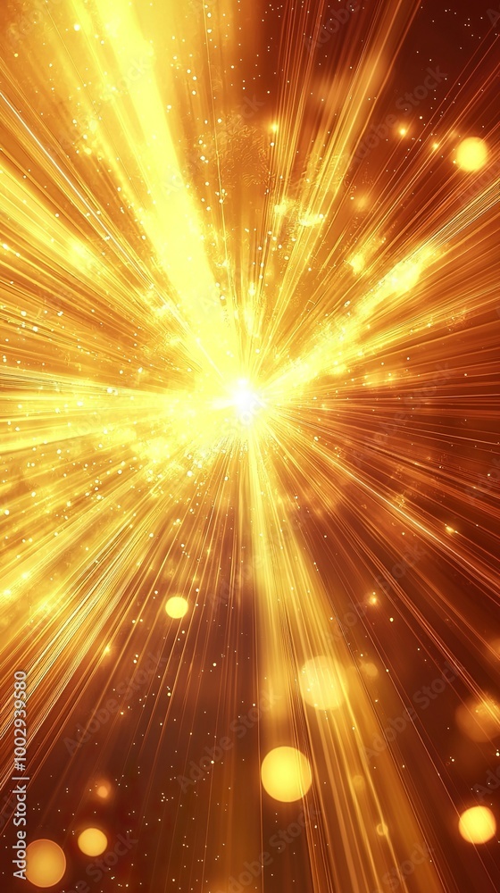 A radiant golden light rays background with an explosion of energy and lens...