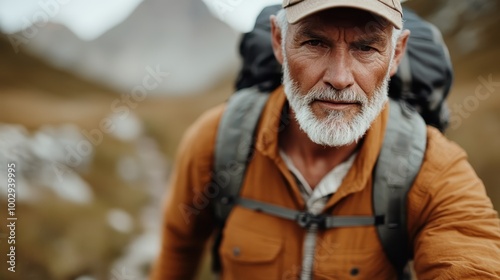 An elderly man is captured hiking in a rugged mountainous environment, displaying strength and resilience, emphasizing the spirit of adventure and exploration.