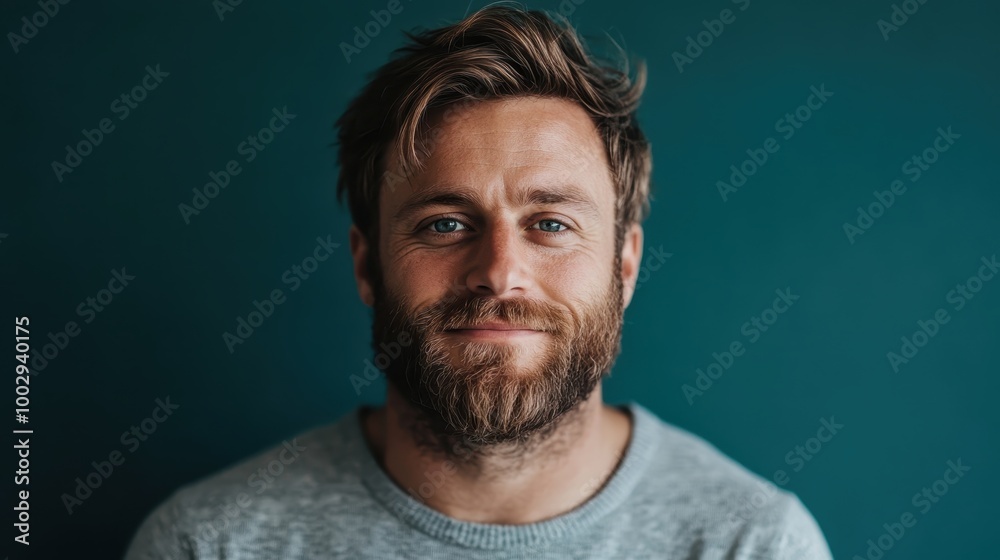A portrait of a bearded man smiling warmly against a deep teal background, capturing a sense of warmth and friendly charm with a relaxed pose. A portrait of a bearded man smiling warmly against a deep teal background, capturing a sense of warmth and friendly charm with a relaxed pose.