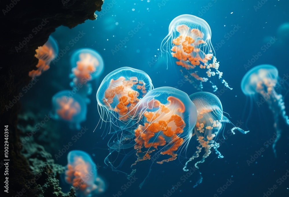 glowing jellyfish floating serenely in the ocean depths glowing jellyfish floating serenely in the ocean depths