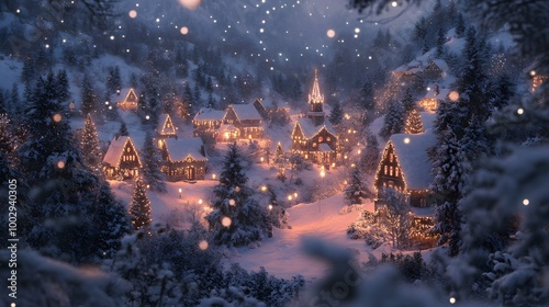 Snow-covered village at dusk, Christmas lights glowing, peaceful winter scene