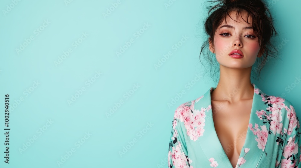 In a captivating teal kimono adorned with floral patterns, a woman stands with a confident expression, highlighted by a tranquil turquoise background, radiating strength. In a captivating teal kimono adorned with floral patterns, a woman stands with a confident expression, highlighted by a tranquil turquoise background, radiating strength.