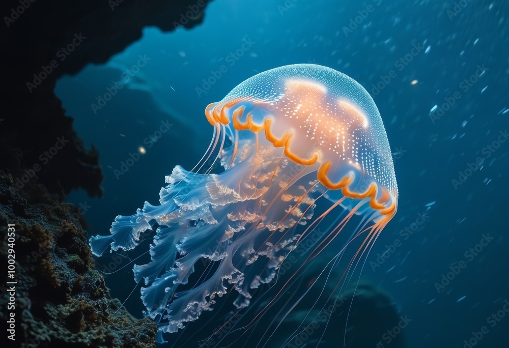 glowing jellyfish floating serenely in the ocean depths glowing jellyfish floating serenely in the ocean depths