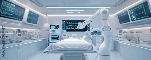 Futuristic hospital room featuring advanced medical technology and robotic assistance. Ideal for healthcare-related content.