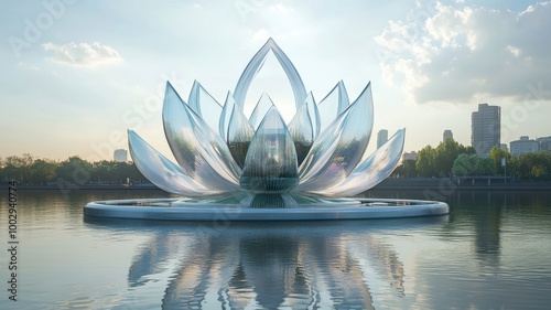 A stunning futuristic glass structure shaped like a lotus flower, floating on water with a cityscape in the background during sunset. photo