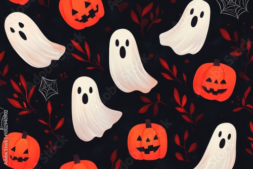 A festive Halloween pattern featuring ghosts and pumpkins against a dark background.