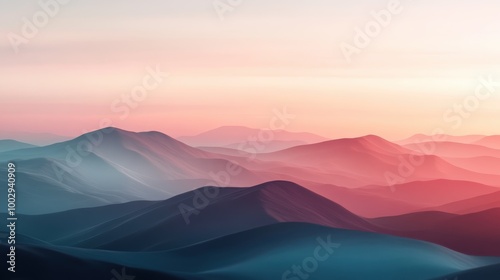 A dreamlike landscape with gently rolling mountains bathed in soft hues of pink and blue at sunset, offers a serene escape into the beauty of nature's vast expanse.