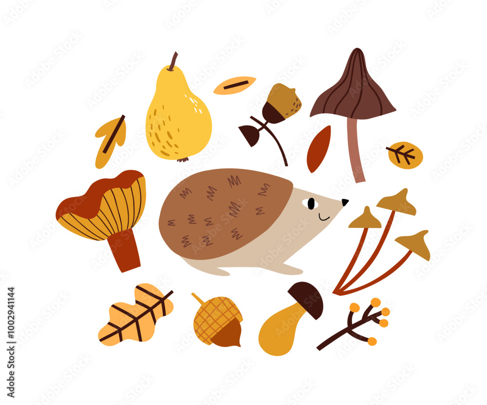 Autumn composition with hand-drawn pears, mushrooms and hedgehog. Autumn, mushrooms, leaves. Vector illustration in flat style. Autumn composition with hand-drawn pears, mushrooms and hedgehog. Autumn, mushrooms, leaves. Vector illustration in flat style.
