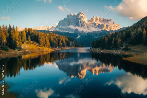 Lago Antorno aerial view with trees and mountains