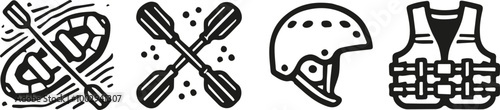 Vector Icons of Rafting Equipment Including Helmet, Life Vest, Paddles, and Raft