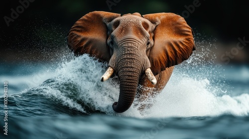 A powerful elephant charges through the ocean waves, its tusks gleaming and ears spread wide, creating a stunning scene of nature's might and beauty. photo