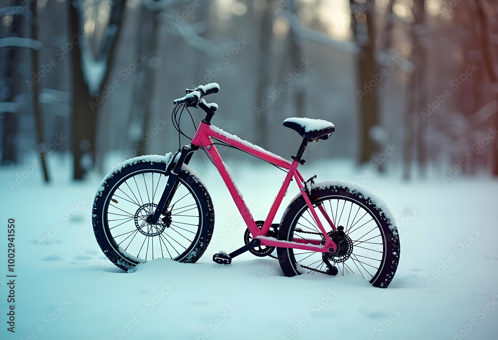 Pink Bicycle Adventure Winter Sport on Mountain Trail Through the Snow Forest Pink Bicycle Adventure Winter Sport on Mountain Trail Through the Snow Forest