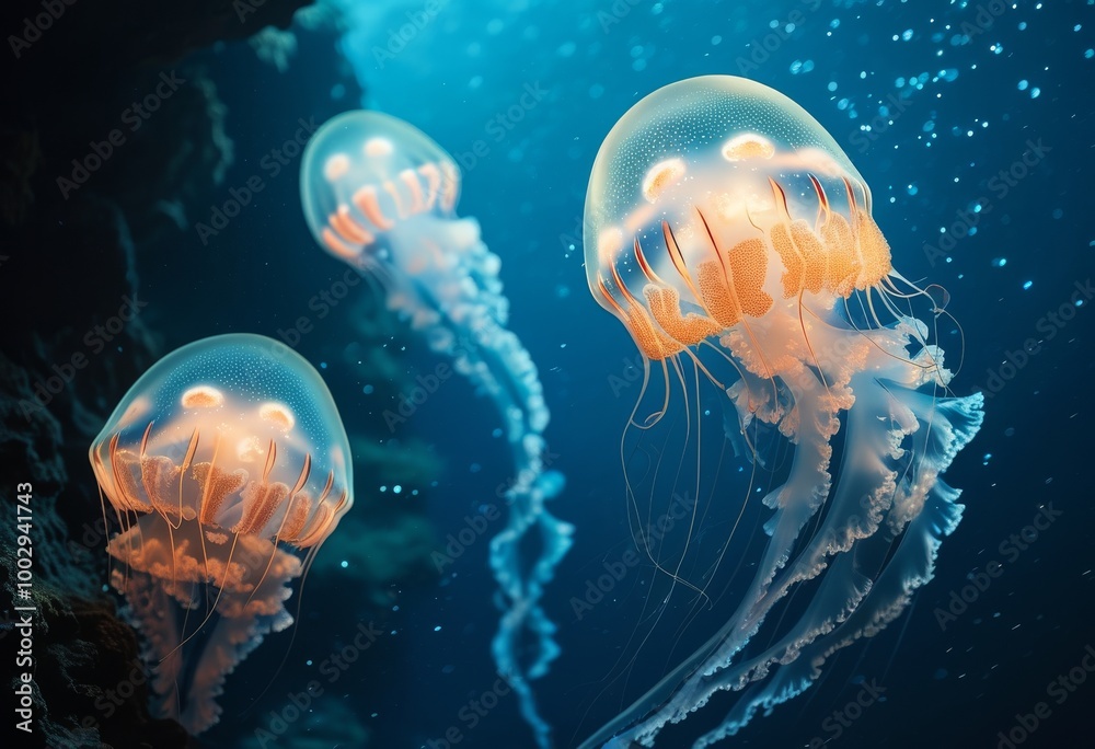 Naklejka premium glowing jellyfish floating serenely in the ocean depths