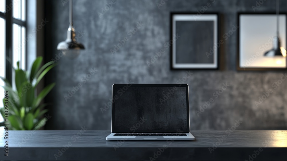 This modern workspace features a laptop on a clean surface, surrounded by abstract art on the walls This modern workspace features a laptop on a clean surface, surrounded by abstract art on the walls