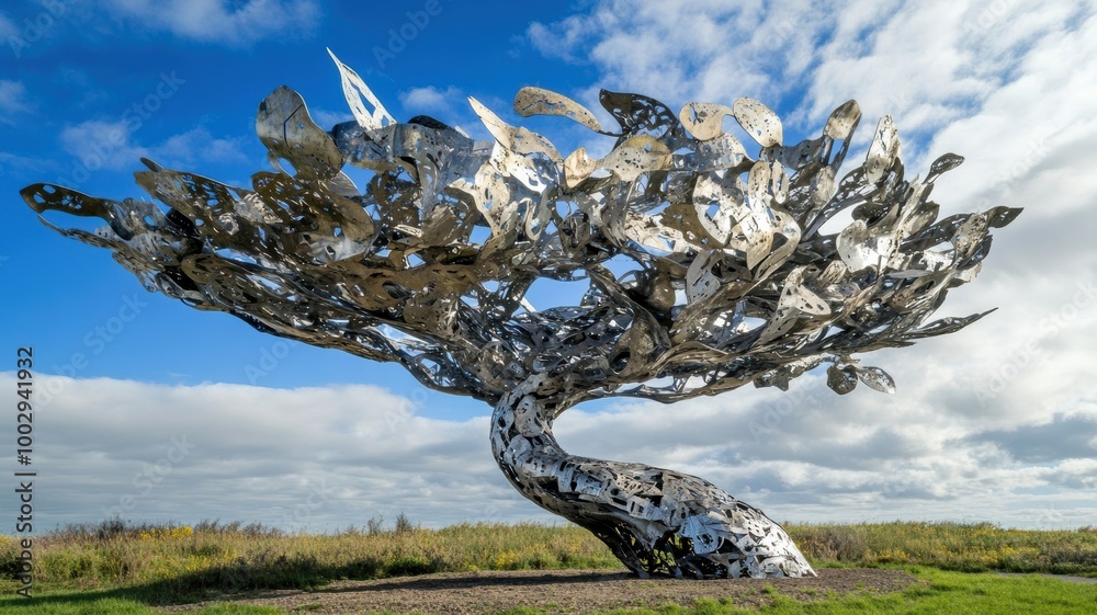 Fototapeta premium A large, abstract metallic tree sculpture set in an open field under a bright blue sky, showcasing modern art and nature in harmony.