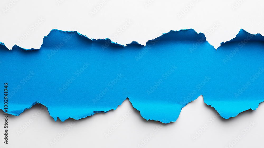 A single piece of blue paper with torn edges on white background. A single piece of blue paper with torn edges on white background.